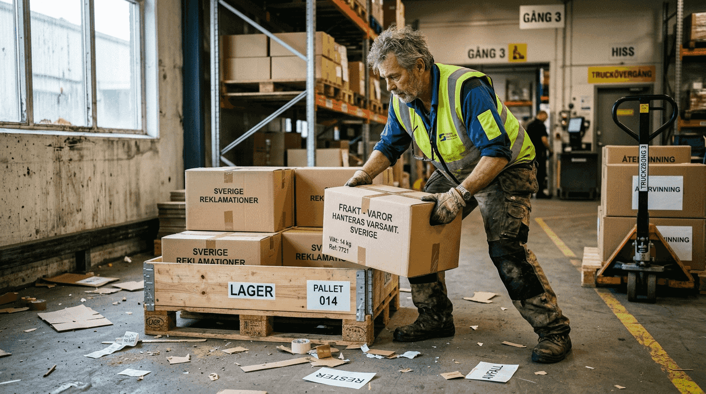 En lageranställd demonstrerar hur man lyfter på rätt sätt