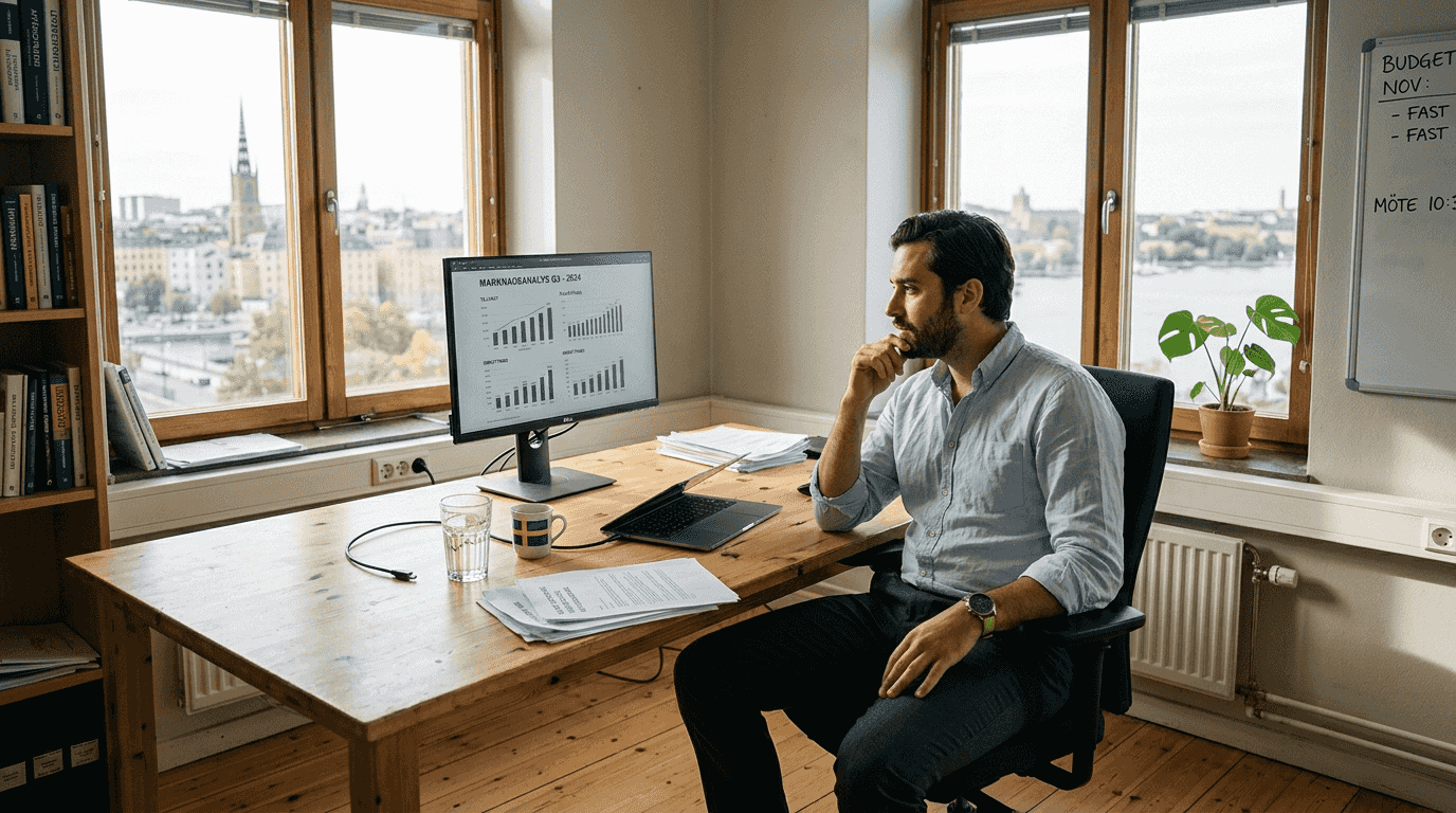 En medarbetare går igenom diagram vid sitt ljusa furubord i det luftiga kontoret.