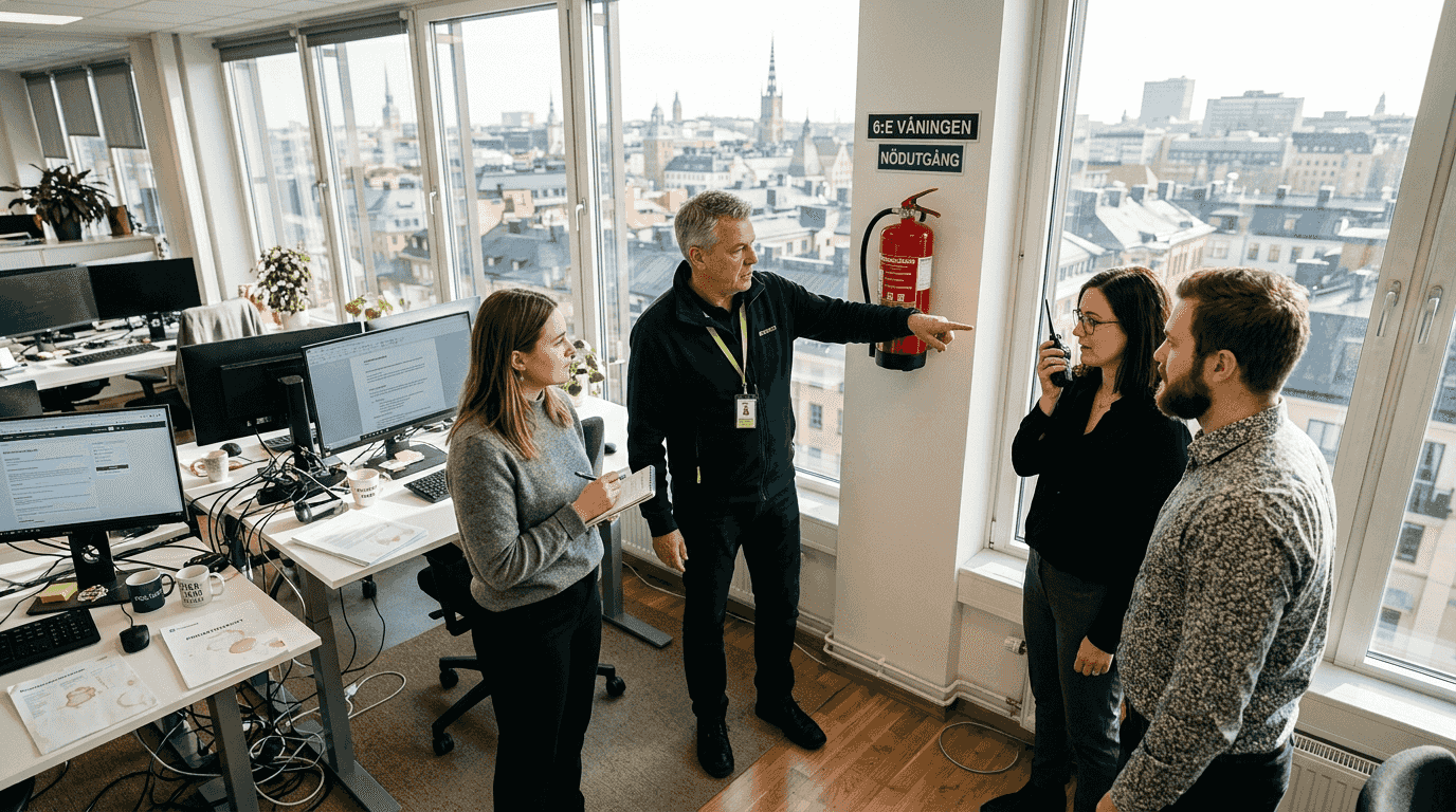 En brandskyddsinstruktör visar medarbetarna hur de bäst agerar vid brand på kontoret.