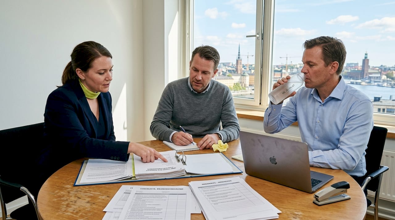 Chefer samlas för att gå igenom säkerhetsrutiner på arbetsplatsen och diskutera hur de kan förbättras.