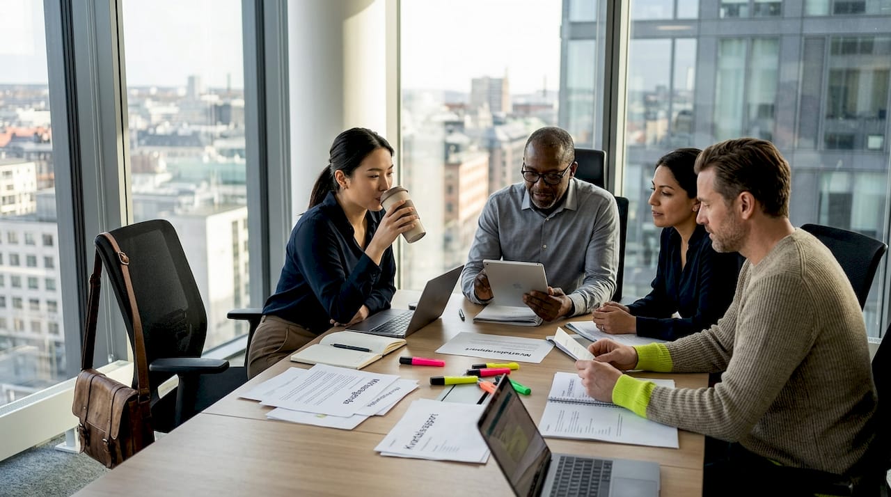 Ett mångsidigt team samlas för möte i ett ljust och modernt kontor.