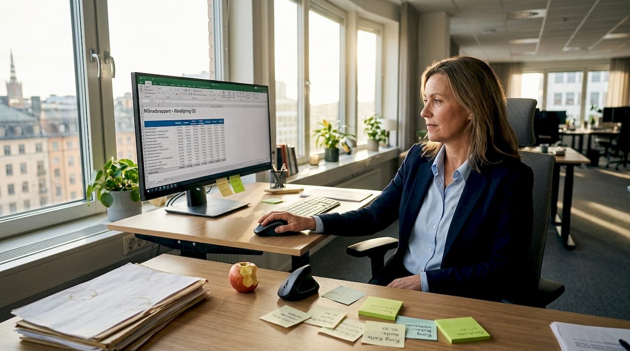 Kontorsanställd som justerar sitt skrivbord för bättre ergonomi