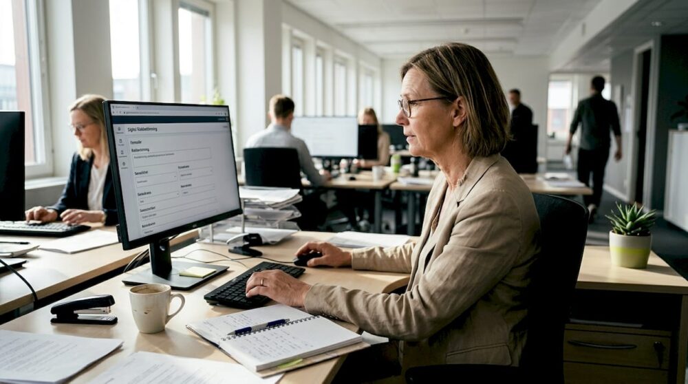 En kvinna går noggrant igenom en riskanalys vid sitt skrivbord på kontoret.