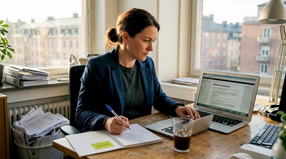 Ett skyddsombud går igenom arbetsmiljörapporten på kontoret.