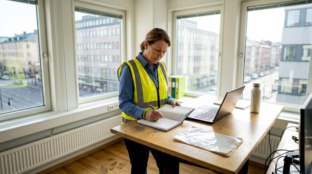 En inspektör går igenom checklistan på sitt kontor.