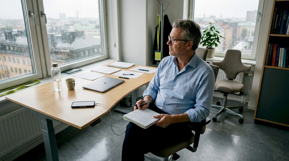 En chef sitter vid sitt skrivbord i ett hörnkontor och bläddrar i sin anteckningsbok.