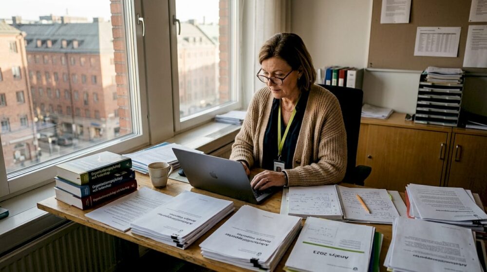 En kvinna går igenom arbetsmiljörapporten vid sitt skrivbord på kontoret.