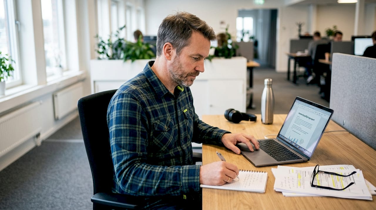 En person går igenom en arbetsmiljörapport vid sitt skrivbord på kontoret.