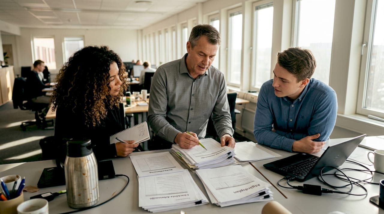 Medarbetare resonerar kring riskhantering runt konferensbordet.