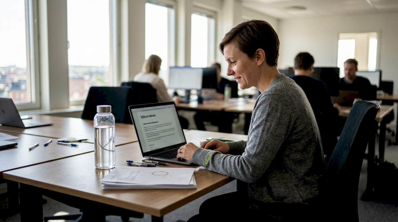En ny kollega sitter på kontoret och går igenom introduktionsmaterialet under sin första arbetsdag.