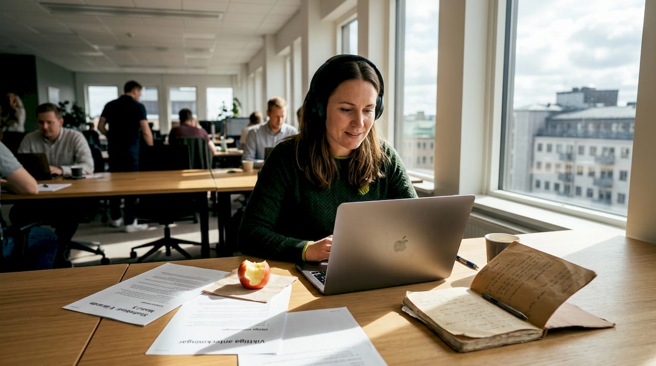 Kvinna som sitter vid ett öppet kontorsbord och tar del av en e-learningkurs