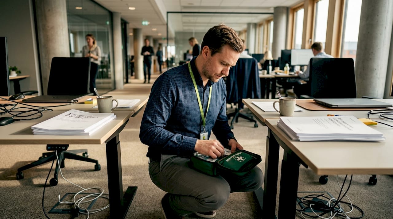 En anställd öppnar ett första hjälpen-kit vid sitt skrivbord.
