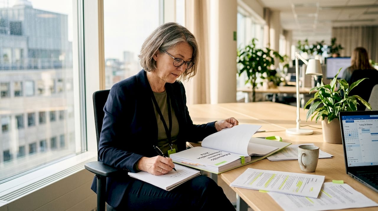 En kvinna sitter vid sitt skrivbord och går igenom arbetsmiljörelaterade dokument.