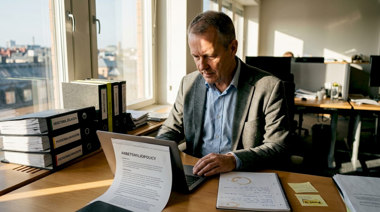 Chefen går igenom arbetsmiljöpapper på kontoret