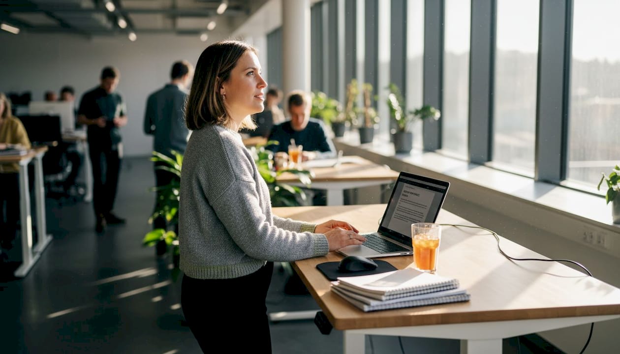 En kvinnlig kollega sitter på kontoret och sammanställer en arbetsplatsanalys.