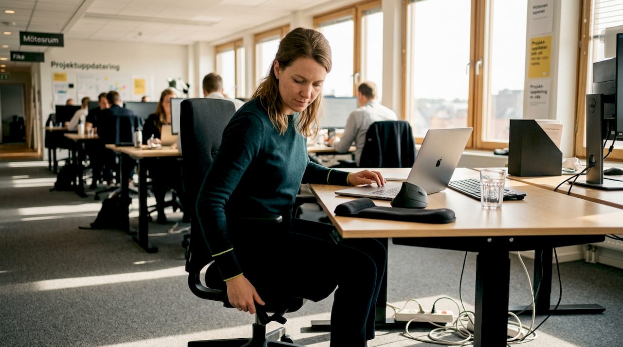 En kvinna ställer in sin stol vid ett ergonomiskt utformat skrivbord.
