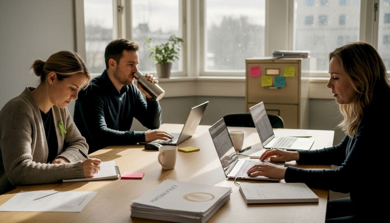 HR-teamet samarbetar i ett ljust hörnkontor.