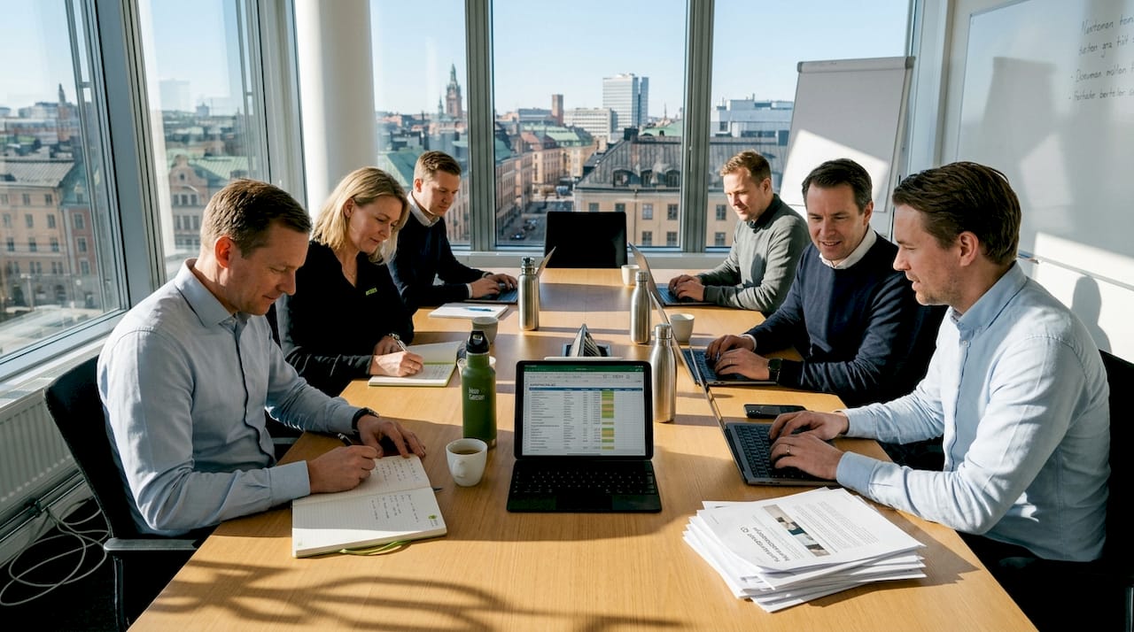 Kollegor samarbetar i ett mindre mötesrum vid hörnet.