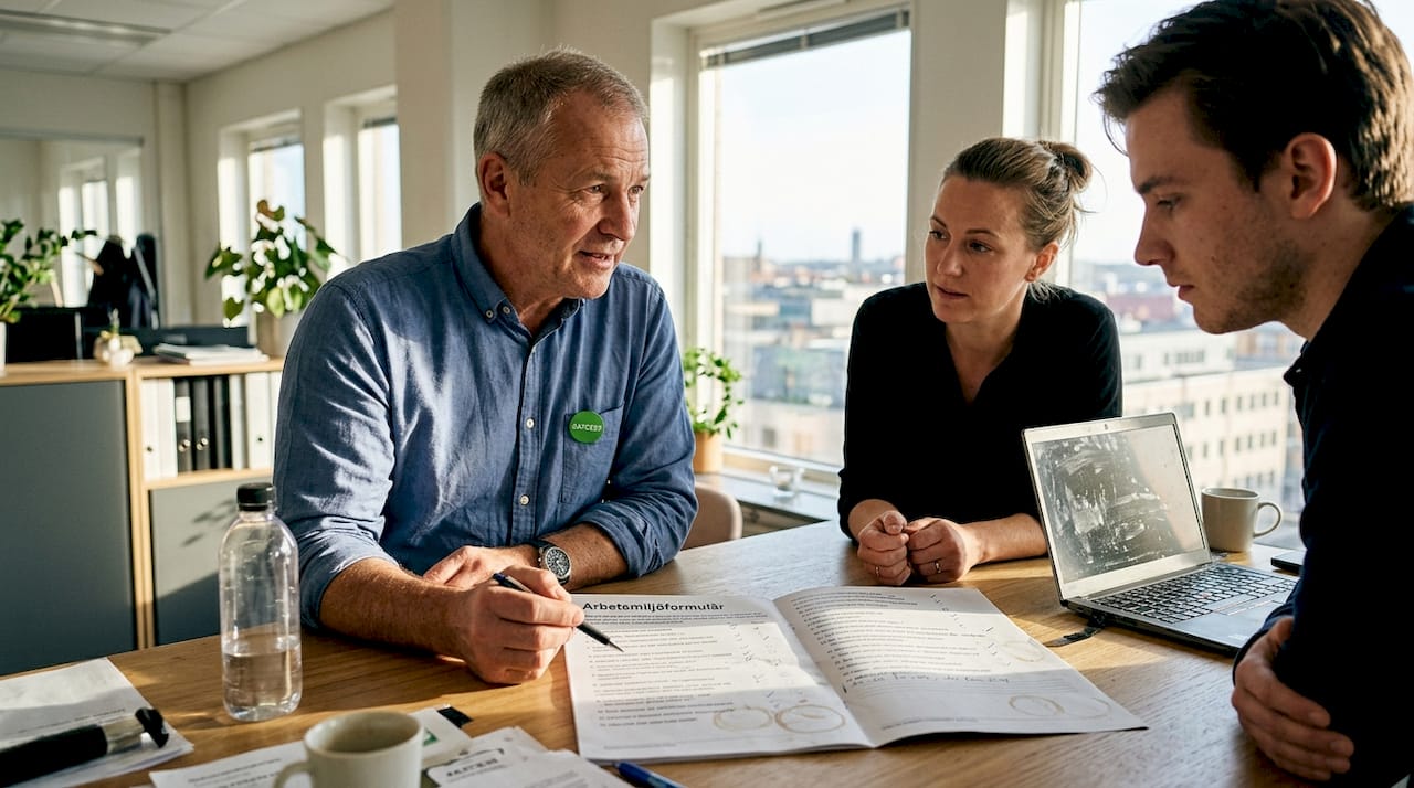 Skyddsombudet pratar arbetsmiljöfrågor med personalen och går igenom formulären tillsammans.