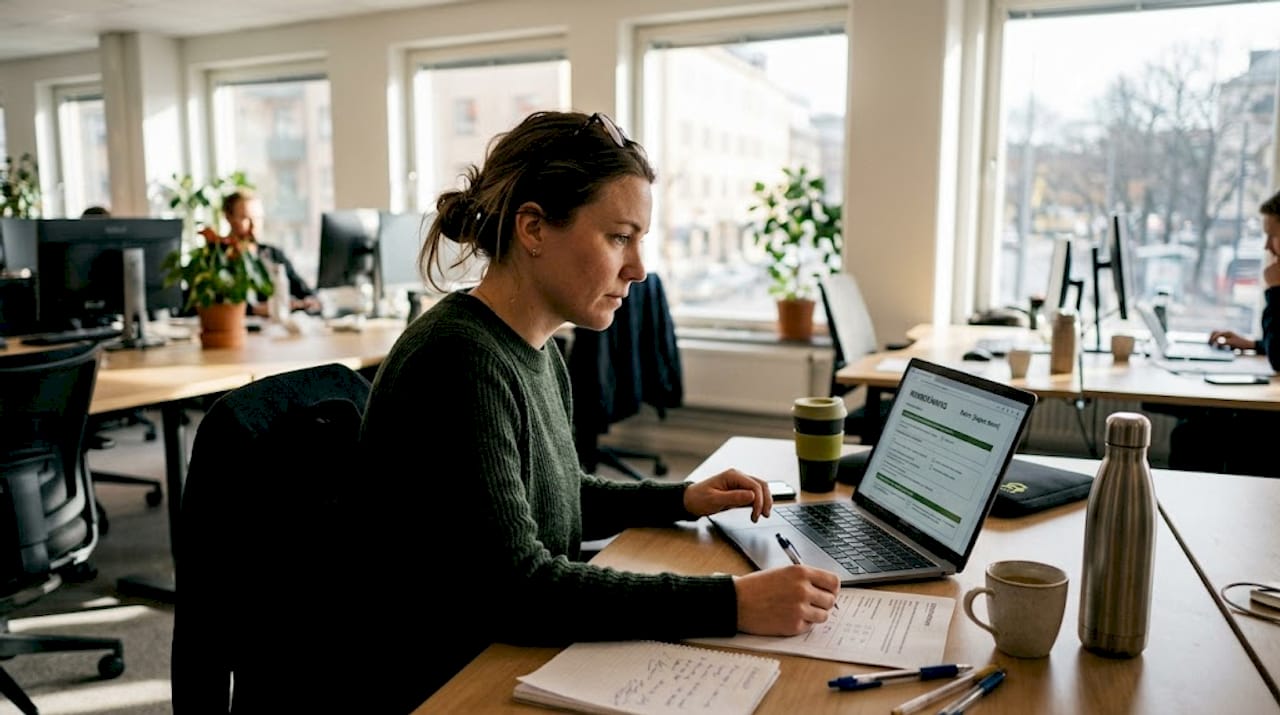 En kvinna sitter vid sitt skrivbord på kontoret och gör en riskbedömning.