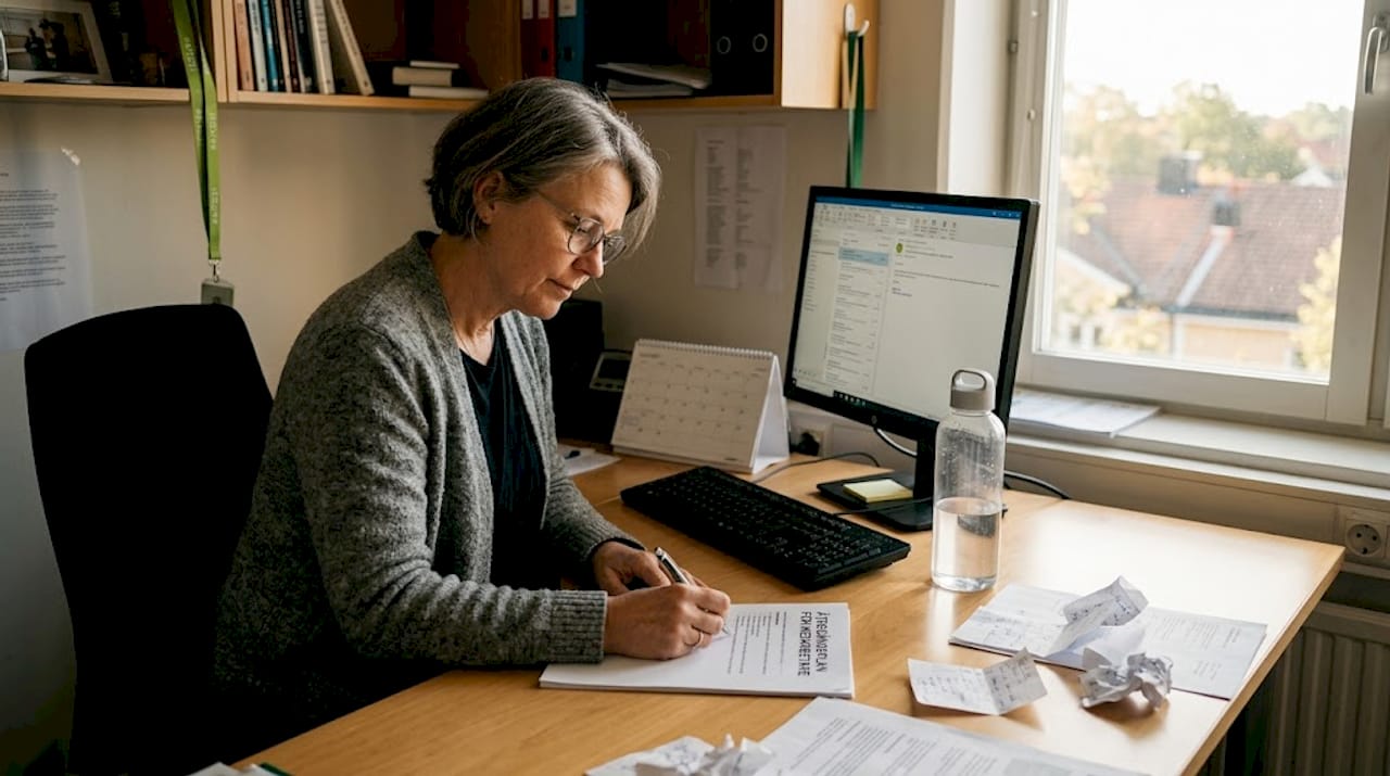 En kvinna sitter på sitt kontor och upprättar en rehabiliteringsplan.