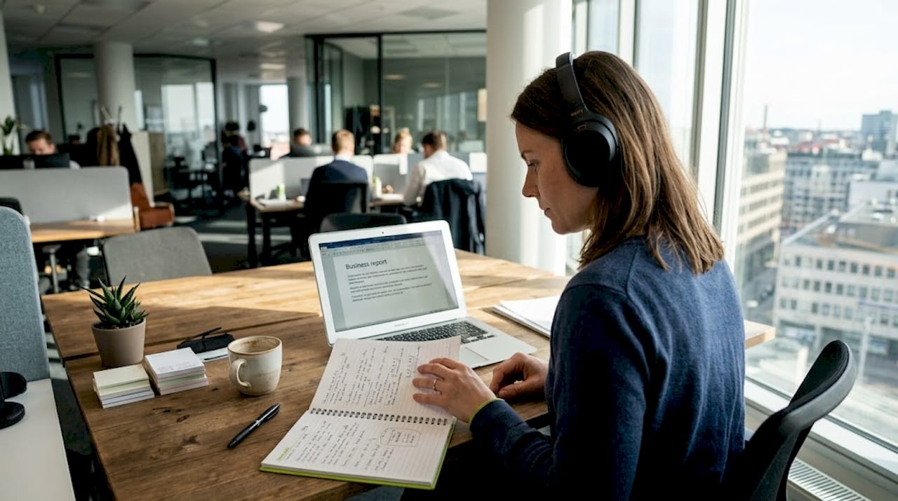 En kvinna sitter koncentrerat och jobbar i ett modernt kontorslandskap.