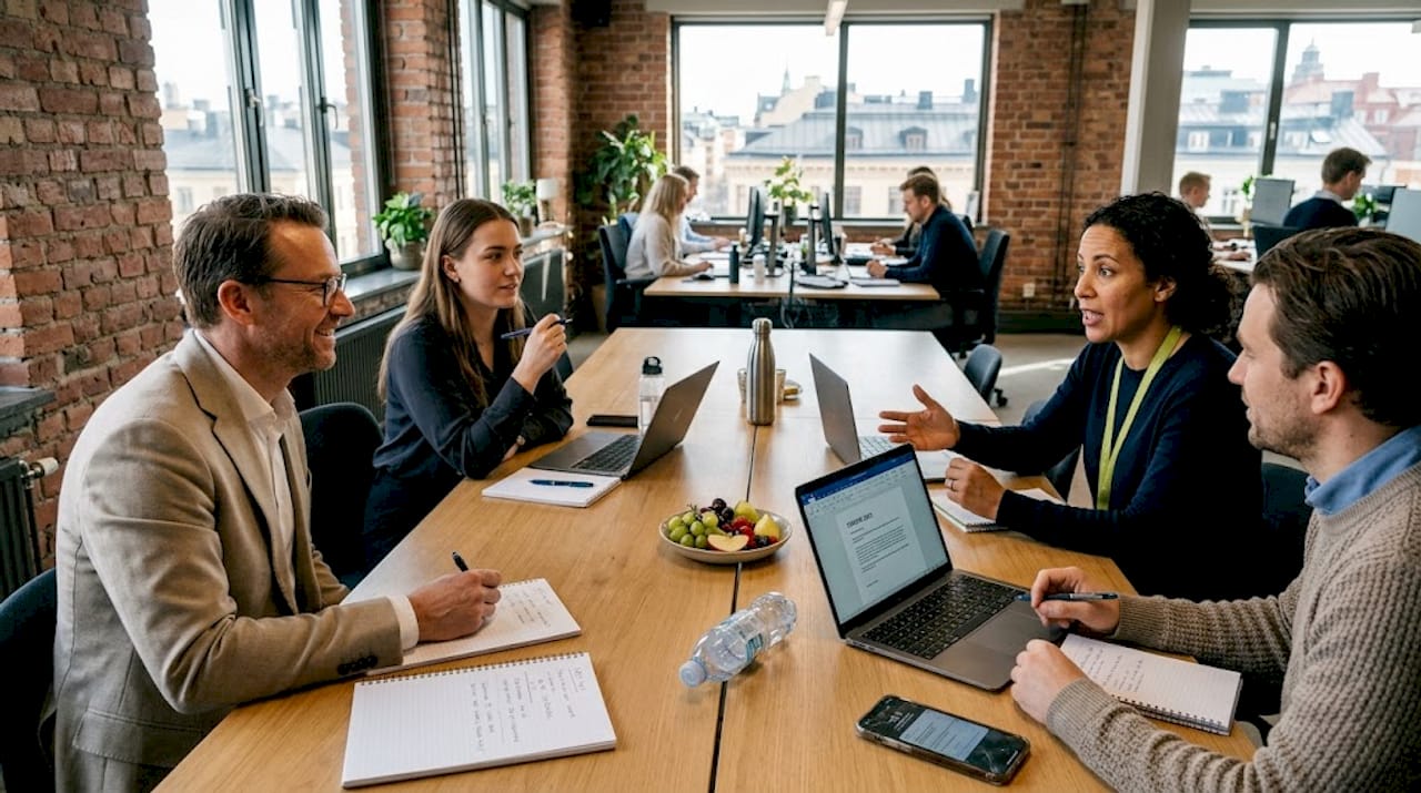 Kollegor samlade runt ett bord och diskuterar i det öppna kontorslandskapet.