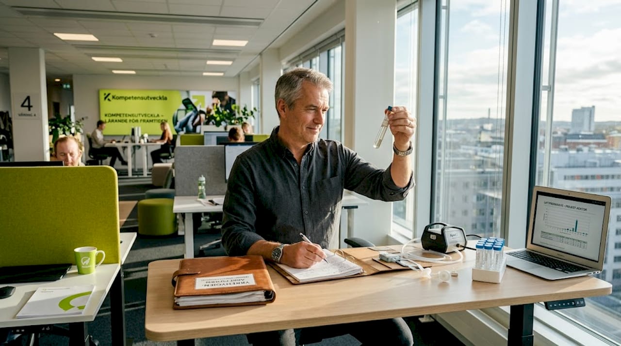 En yrkeshygieniker sitter vid sitt skrivbord och granskar resultat från luftmätningar.