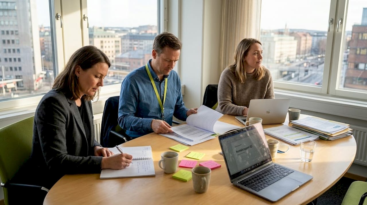 En grupp samlas runt mötesbordet för att prata om arbetsmiljön och hur den kan förbättras.