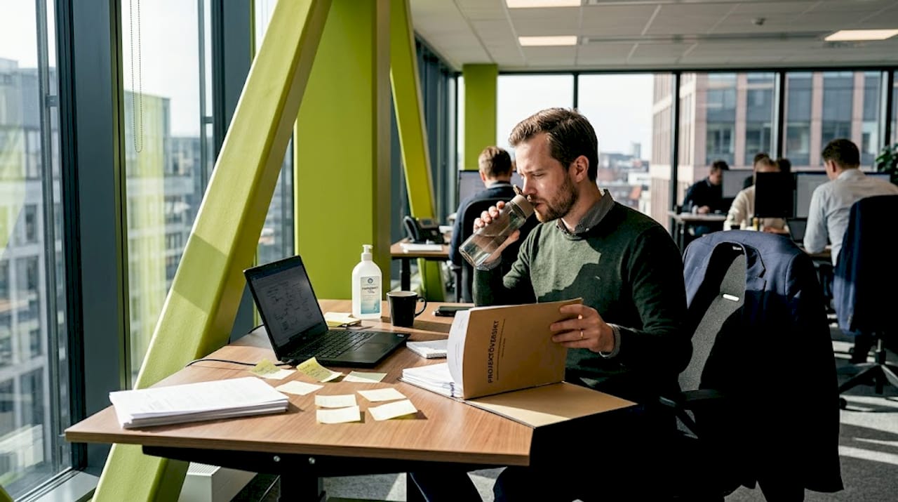 En medarbetare desinficerar händerna vid sitt skrivbord på kontoret.