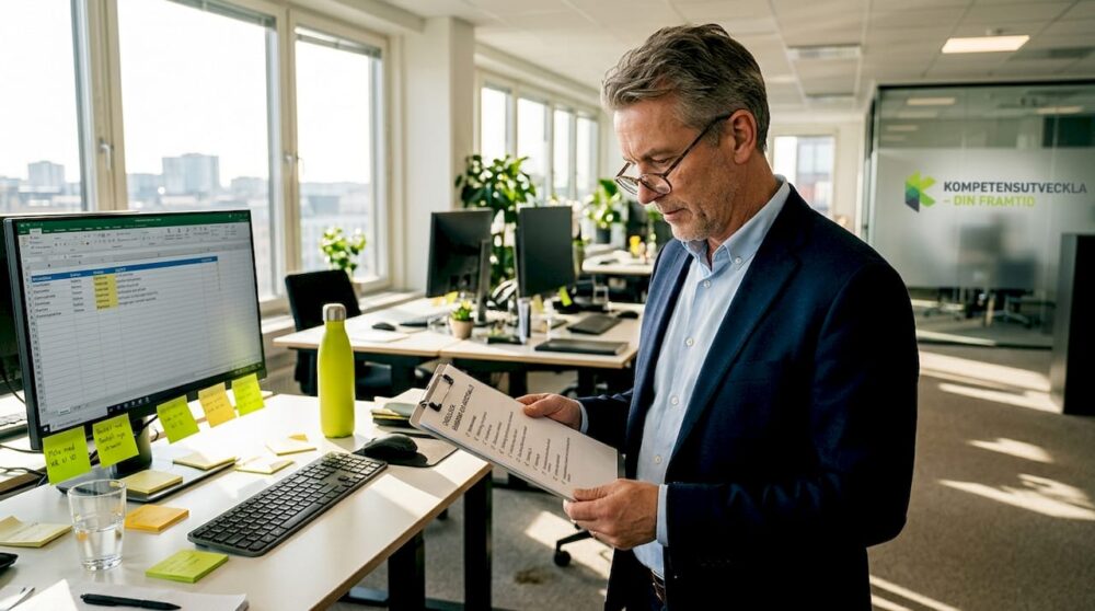 Arbetsmiljöansvarig går igenom checklistan för ergonomi på kontoret