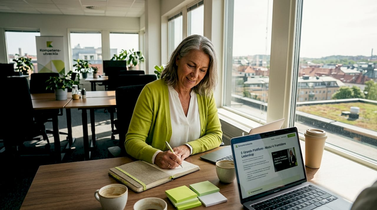 En kvinna sitter vid sitt skrivbord på kontoret och skriver ner en handlingsplan för krissituationer.