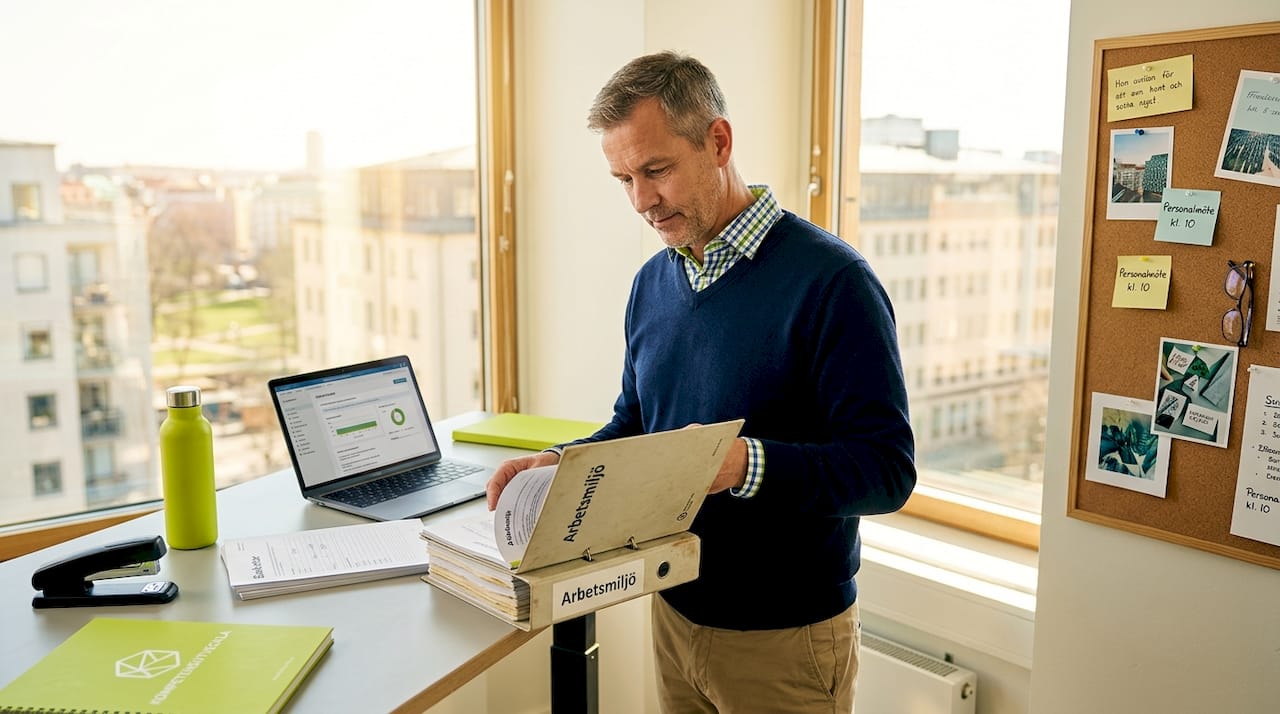 Kontorschefen sitter vid sitt skrivbord och granskar arbetsmiljöhandlingarna.