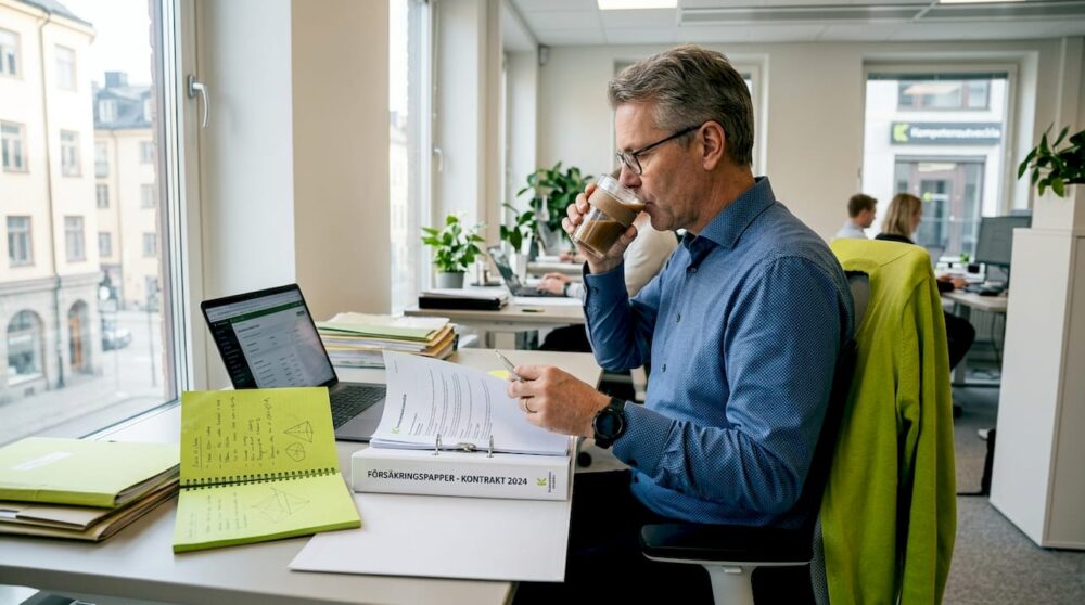 Man sitter på kontoret och går igenom sina försäkringshandlingar.