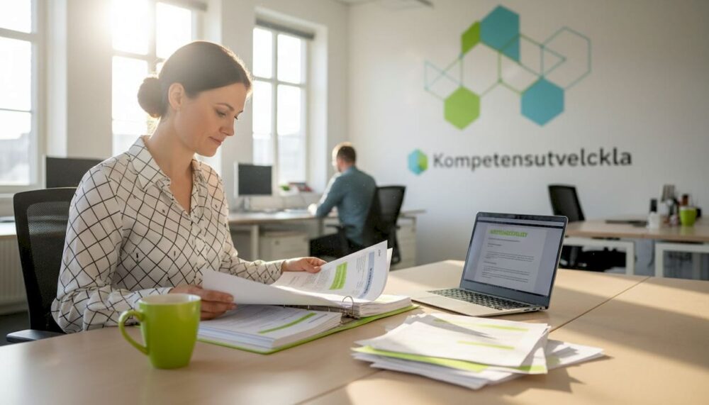 En kvinna går igenom arbetsmiljöpapper på sitt kontor