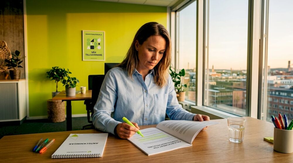 En kvinna går igenom företagets riktlinjer mot diskriminering på arbetsplatsen.