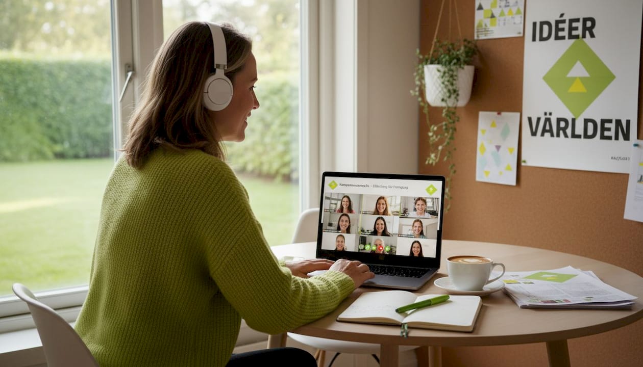 En kvinna sitter hemma och deltar i ett videomöte via datorn.