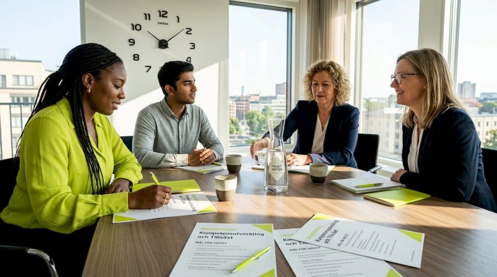 Ett team sitter samlat runt ett mötesbord och diskuterar anteckningar och idéer tillsammans.