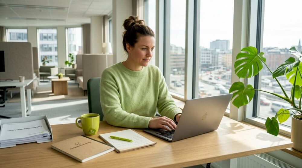En kvinna hanterar personuppgifter på sitt kontor.