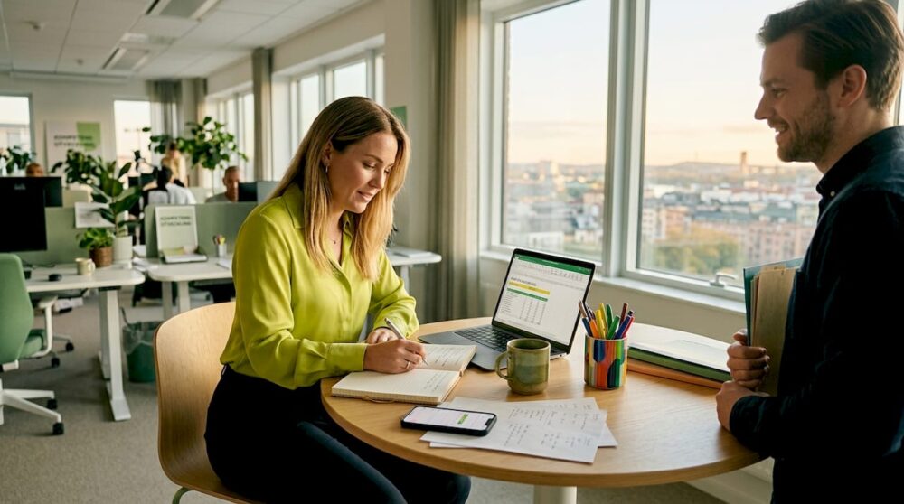 En kvinnlig chef sitter vid sitt skrivbord och antecknar.