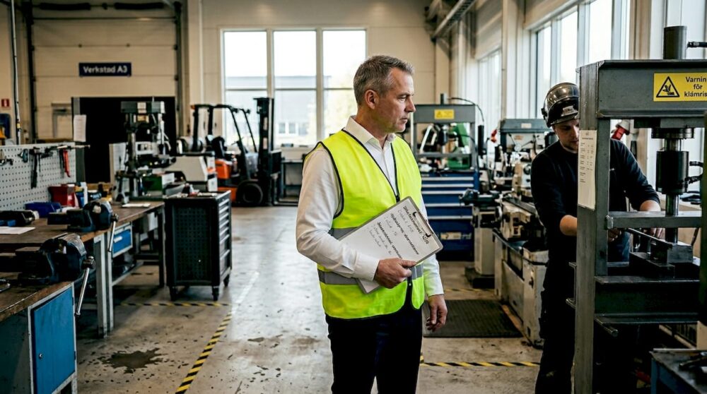 Säkerhetsansvarig ser över arbetsplatsens skyddsåtgärder