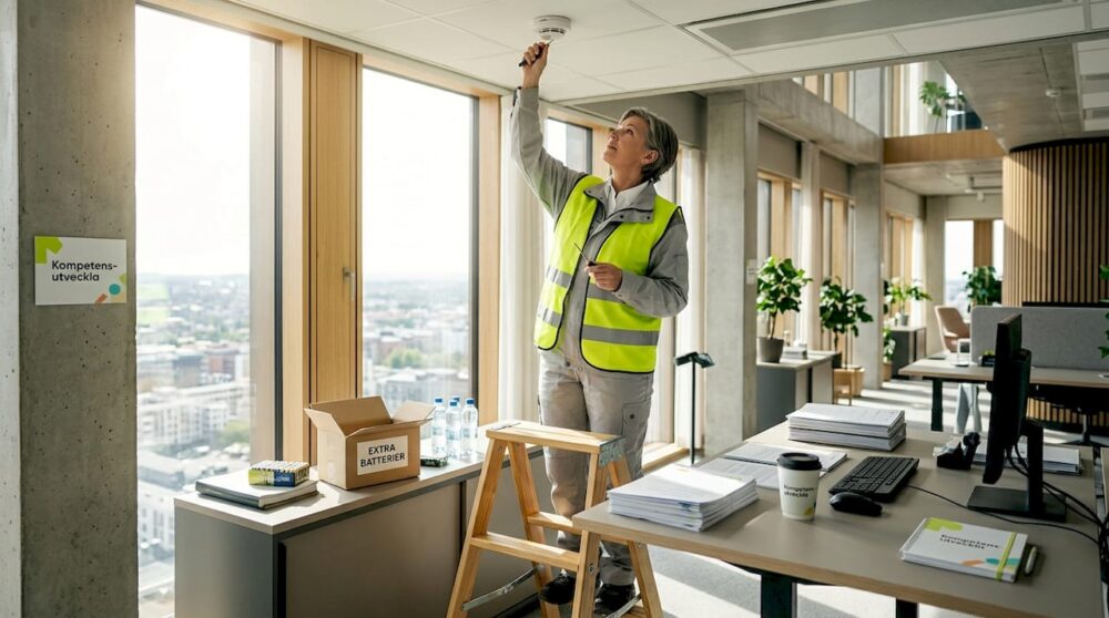 En kvinna ser över brandskyddet på kontoret genom att testa brandvarnaren.