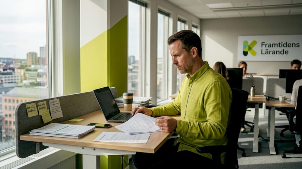 En stressad kontorsarbetare som sitter vid sitt skrivbord och försöker hinna med allt.