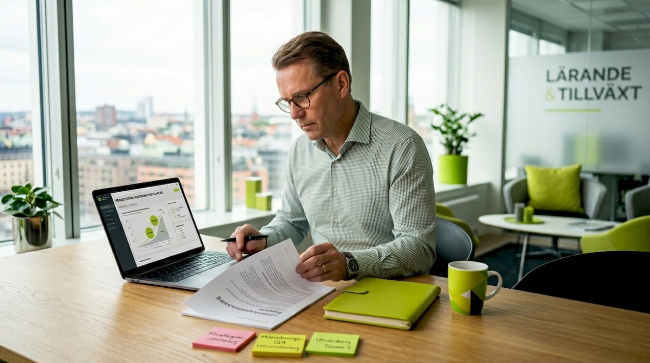 En företagschef sitter vid sitt skrivbord och går noggrant igenom företagets interna kontrollrutiner.