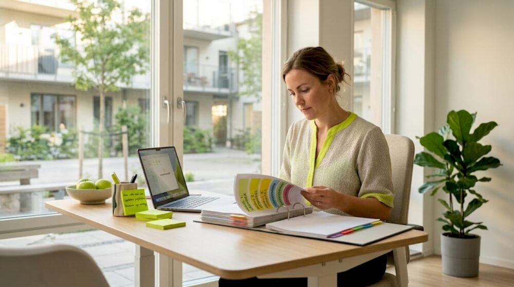 En kvinna sitter vid sitt skrivbord på kontoret och går igenom AFS-dokument.