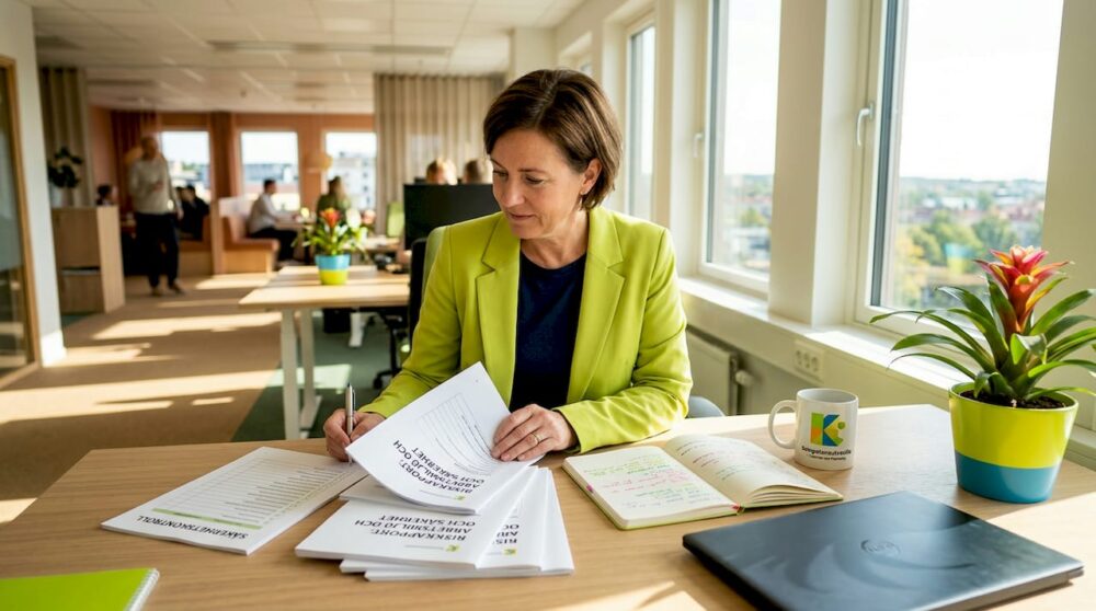 HR-chefen går igenom riskbedömningar på kontoret