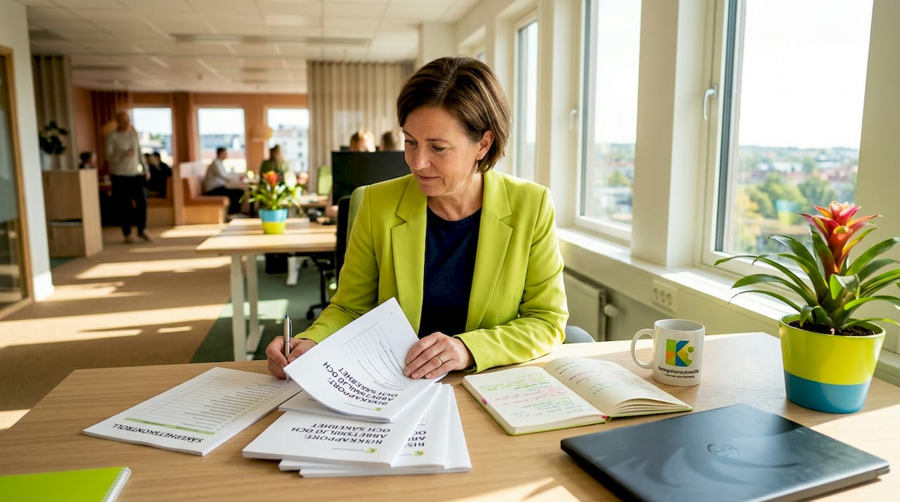 HR-chefen går igenom riskbedömningar på kontoret