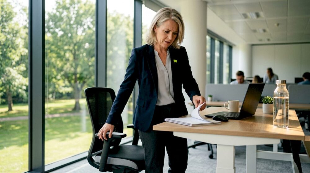 En yrkesperson justerar sin ergonomiska kontorsstol vid skrivbordet för bästa arbetsställning.