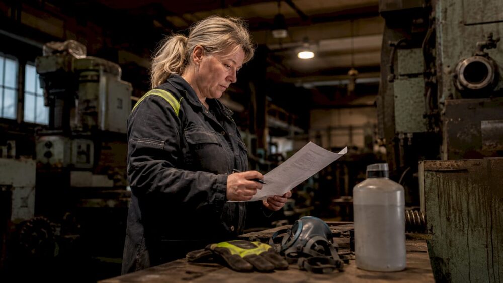 En kvinna går noggrant igenom säkerhetsdatablad för kemikalier på fabriken.