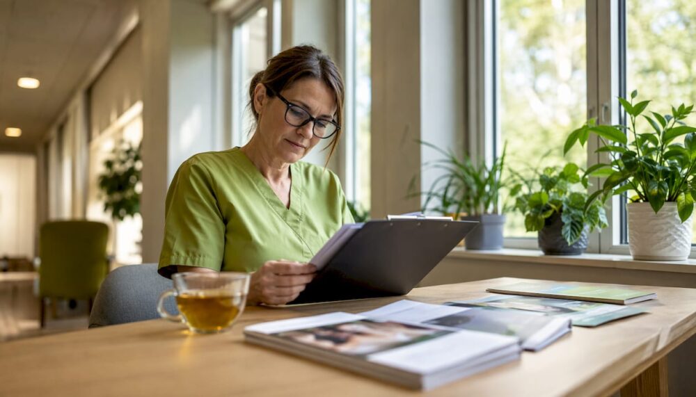 En handledare sitter och går igenom utbildningsmaterialet under lunchrasten.